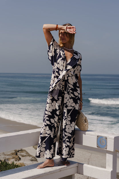 Bronte Short Sleeve Waist Tie Floral Print Wide Leg Jumpsuit Navy