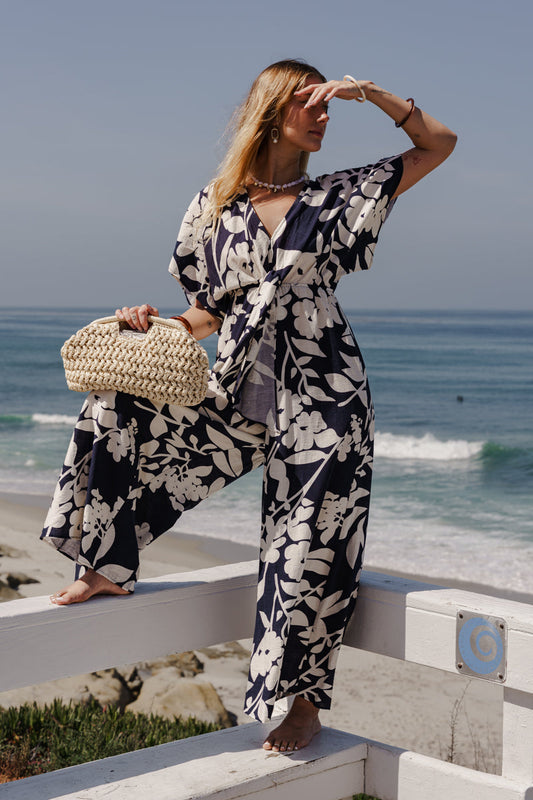 Bronte Short Sleeve Waist Tie Floral Print Wide Leg Jumpsuit Navy
