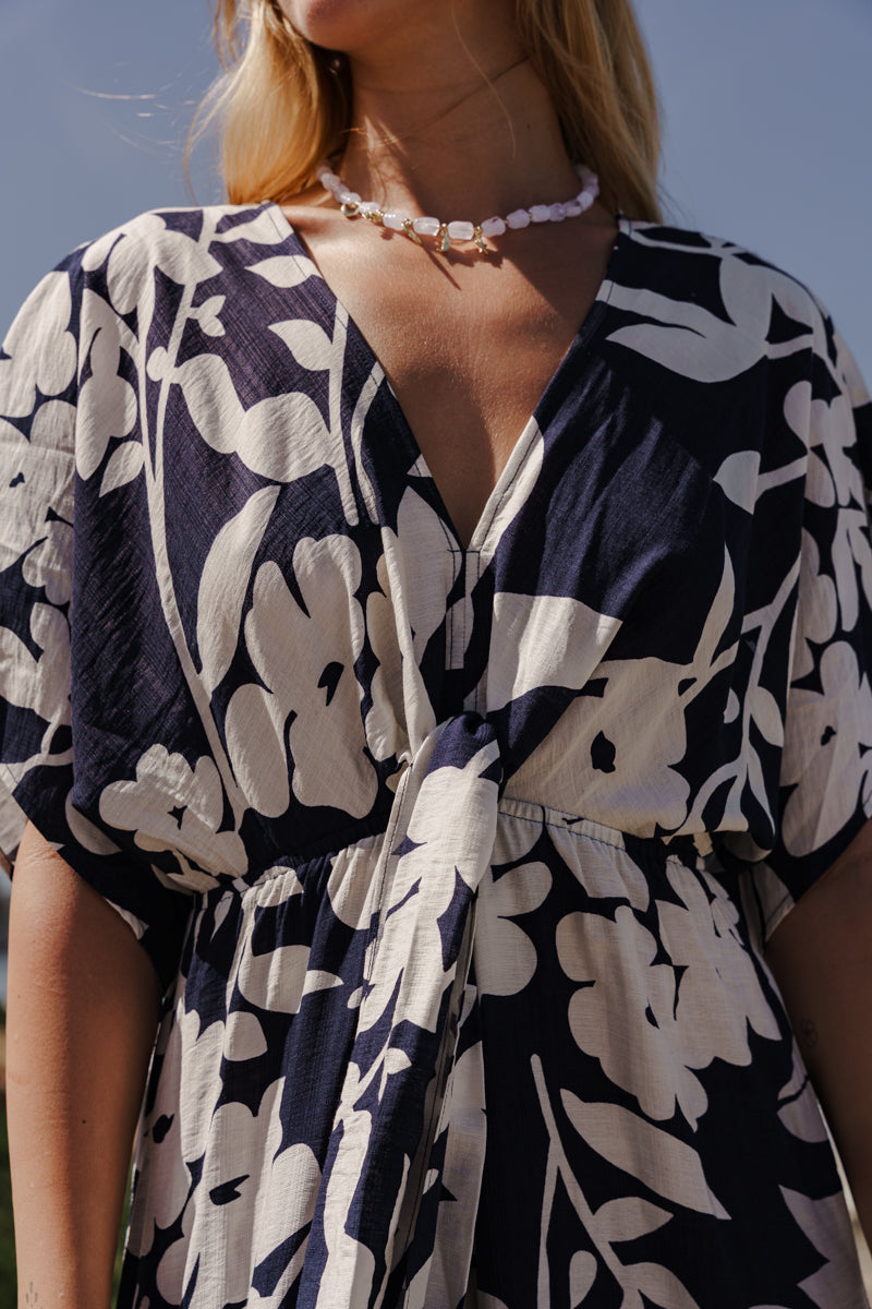 Bronte Short Sleeve Waist Tie Floral Print Wide Leg Jumpsuit Navy