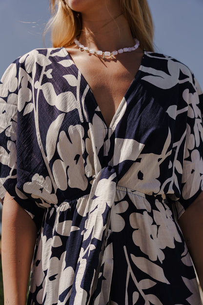 Bronte Short Sleeve Waist Tie Floral Print Wide Leg Jumpsuit Navy