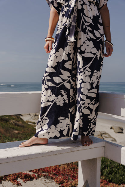 Bronte Short Sleeve Waist Tie Floral Print Wide Leg Jumpsuit Navy