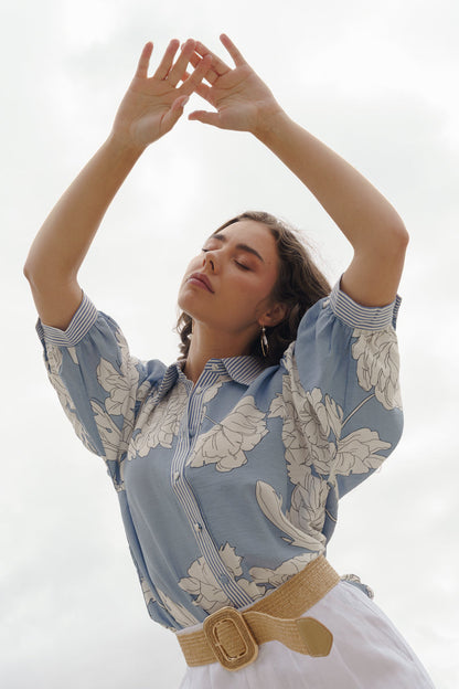 Dorothy 3/4 Sleeve Button Down Floral Print Top Blue