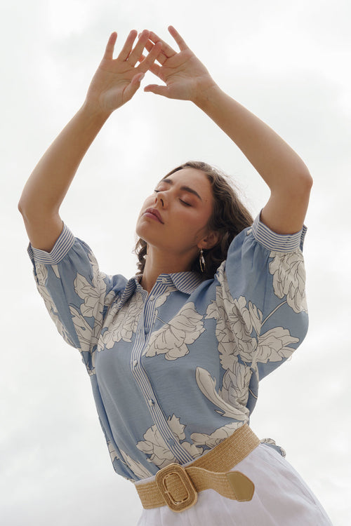Dorothy 3/4 Sleeve Button Down Floral Print Top Blue