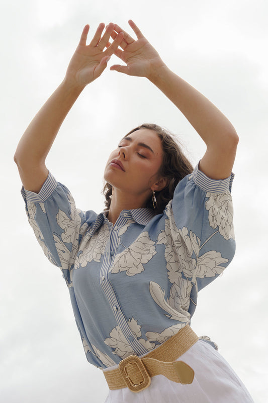 Dorothy 3/4 Sleeve Button Down Floral Print Top Blue