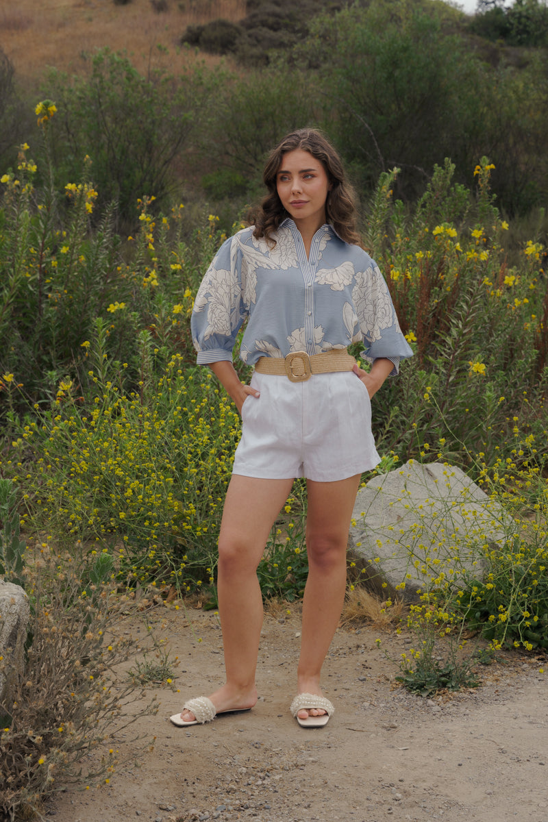 Dorothy 3/4 Sleeve Button Down Floral Print Top Blue