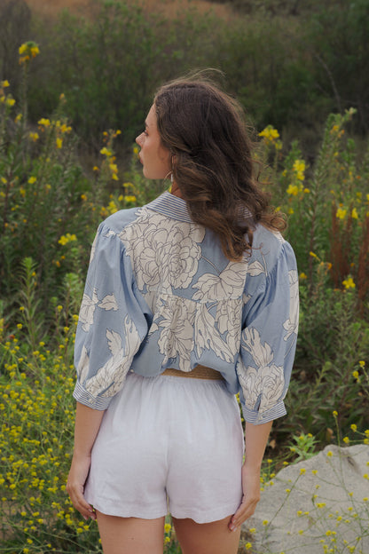 Dorothy 3/4 Sleeve Button Down Floral Print Top Blue