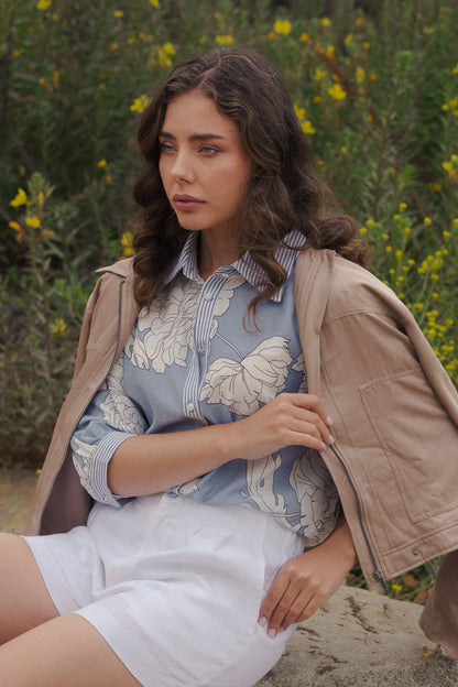Dorothy 3/4 Sleeve Button Down Floral Print Top Blue