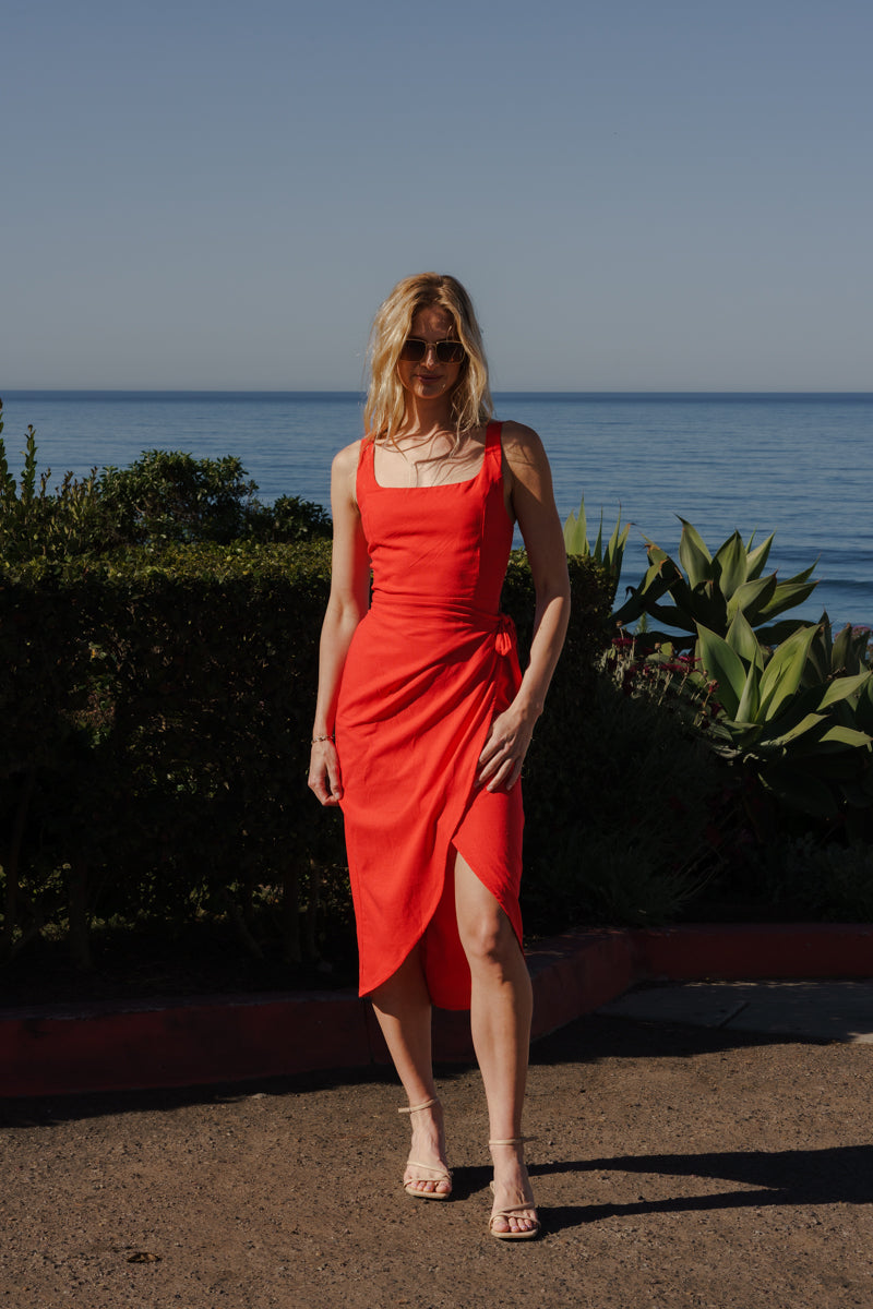Brexley Sleeveless Wrap Midi Dress Red