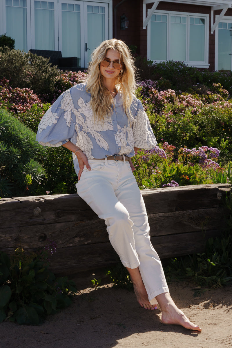 Demi 3/4 Sleeve Button Down Floral Print Top Blue