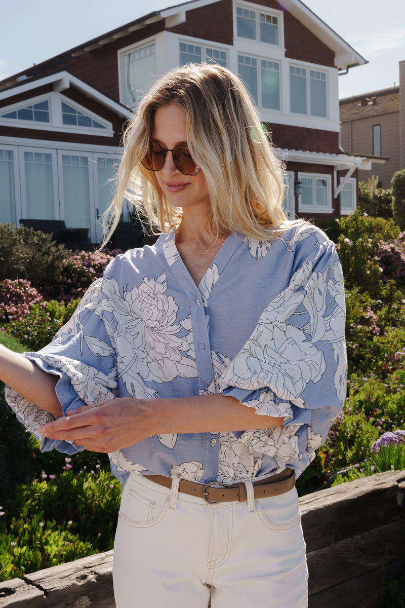 Demi 3/4 Sleeve Button Down Floral Print Top Blue