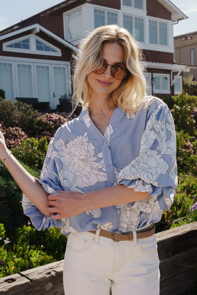 Demi 3/4 Sleeve Button Down Floral Print Top Blue