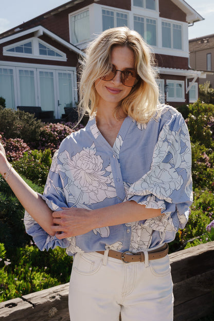 Demi 3/4 Sleeve Button Down Floral Print Top Blue