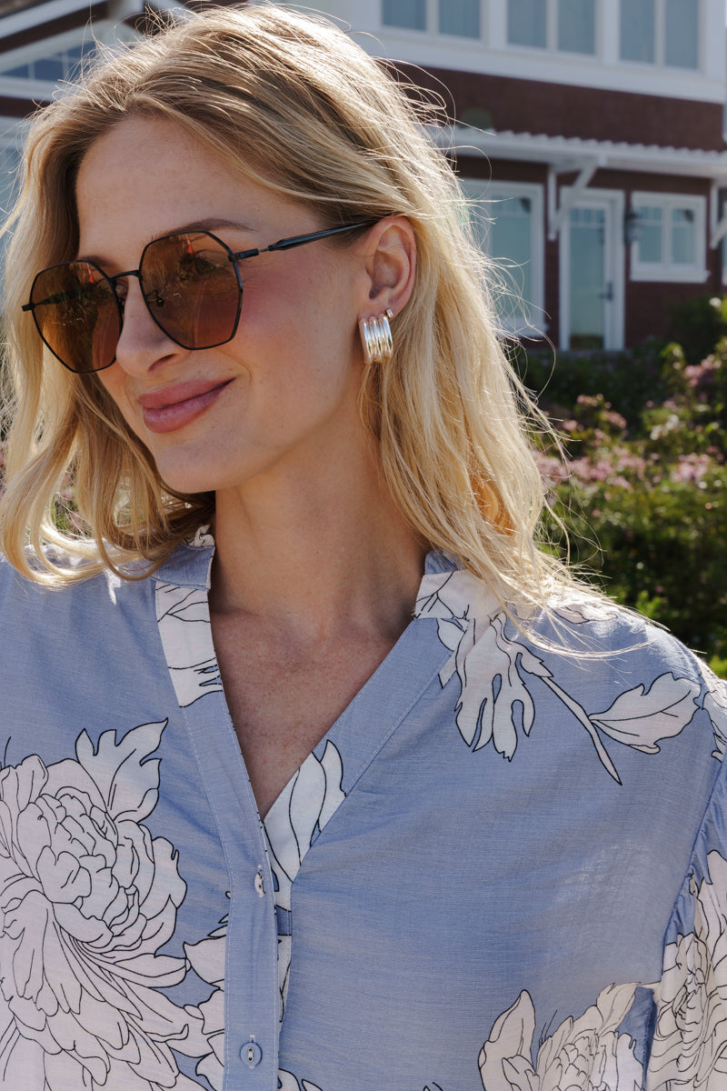 Demi 3/4 Sleeve Button Down Floral Print Top Blue