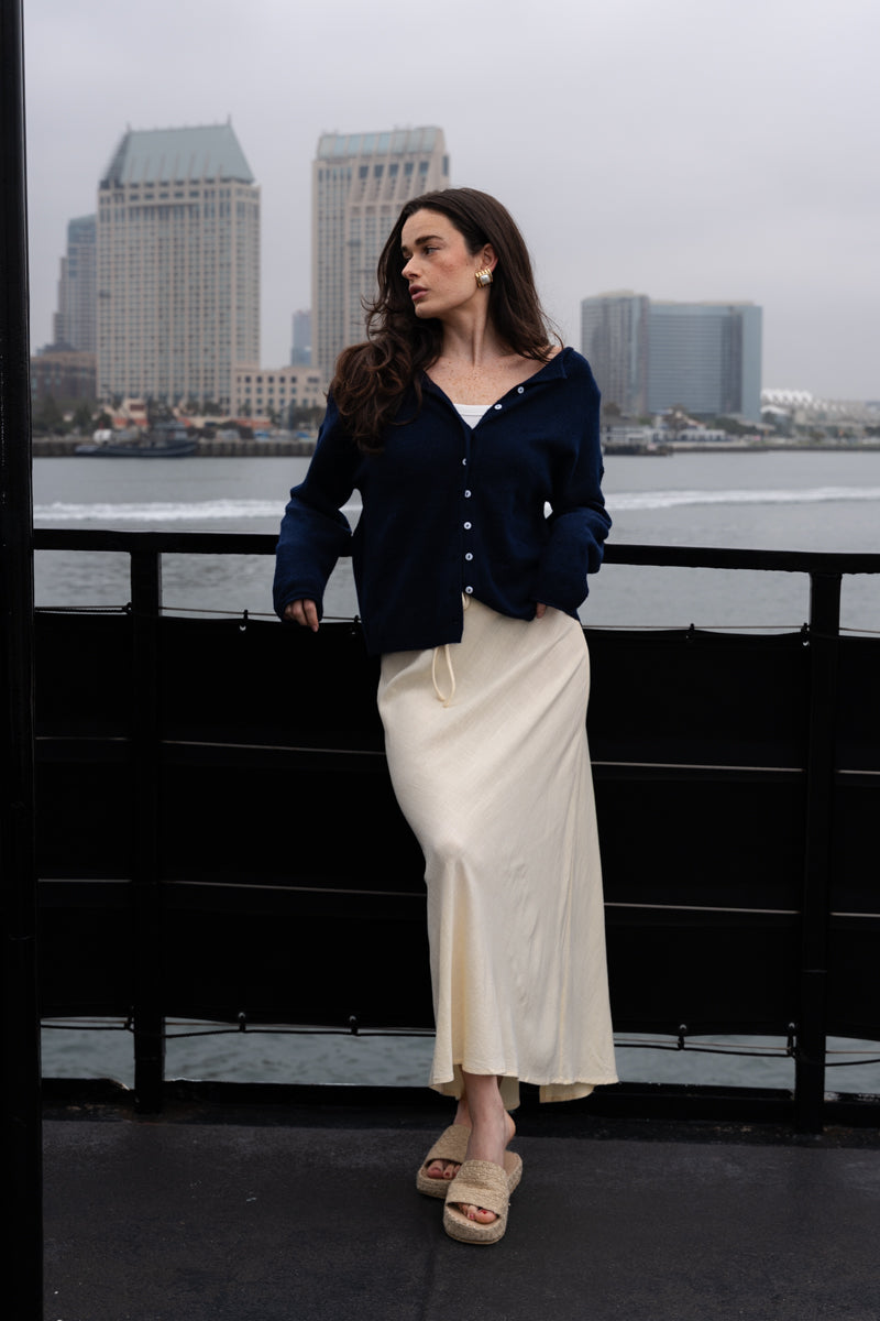 Tanya Long Sleeve Button Down Knit Cardigan Navy