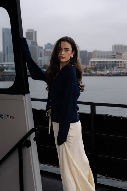 Tanya Long Sleeve Button Down Knit Cardigan Navy