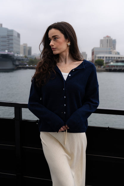 Tanya Long Sleeve Button Down Knit Cardigan Navy