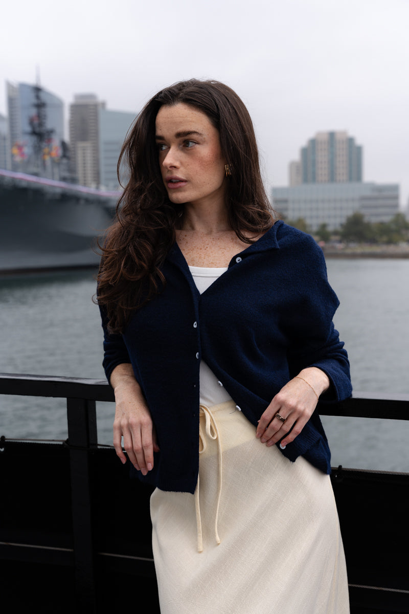 Tanya Long Sleeve Button Down Knit Cardigan Navy