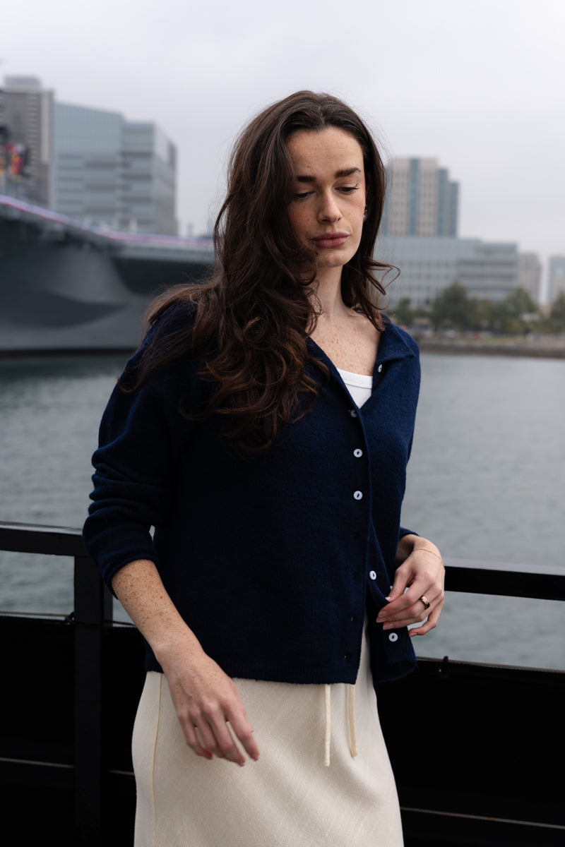Tanya Long Sleeve Button Down Knit Cardigan Navy