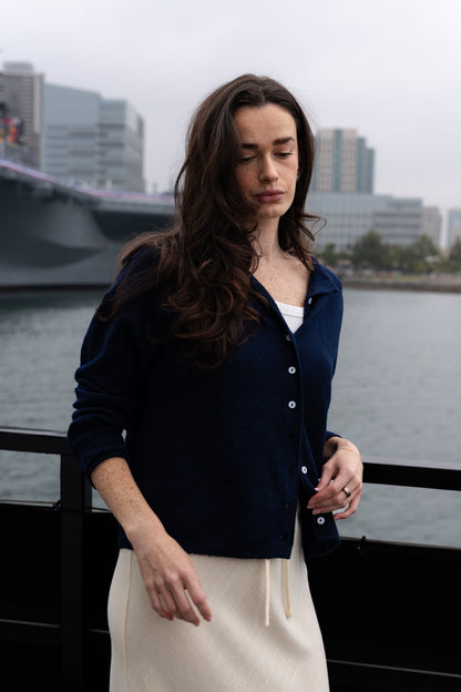 Tanya Long Sleeve Button Down Knit Cardigan Navy