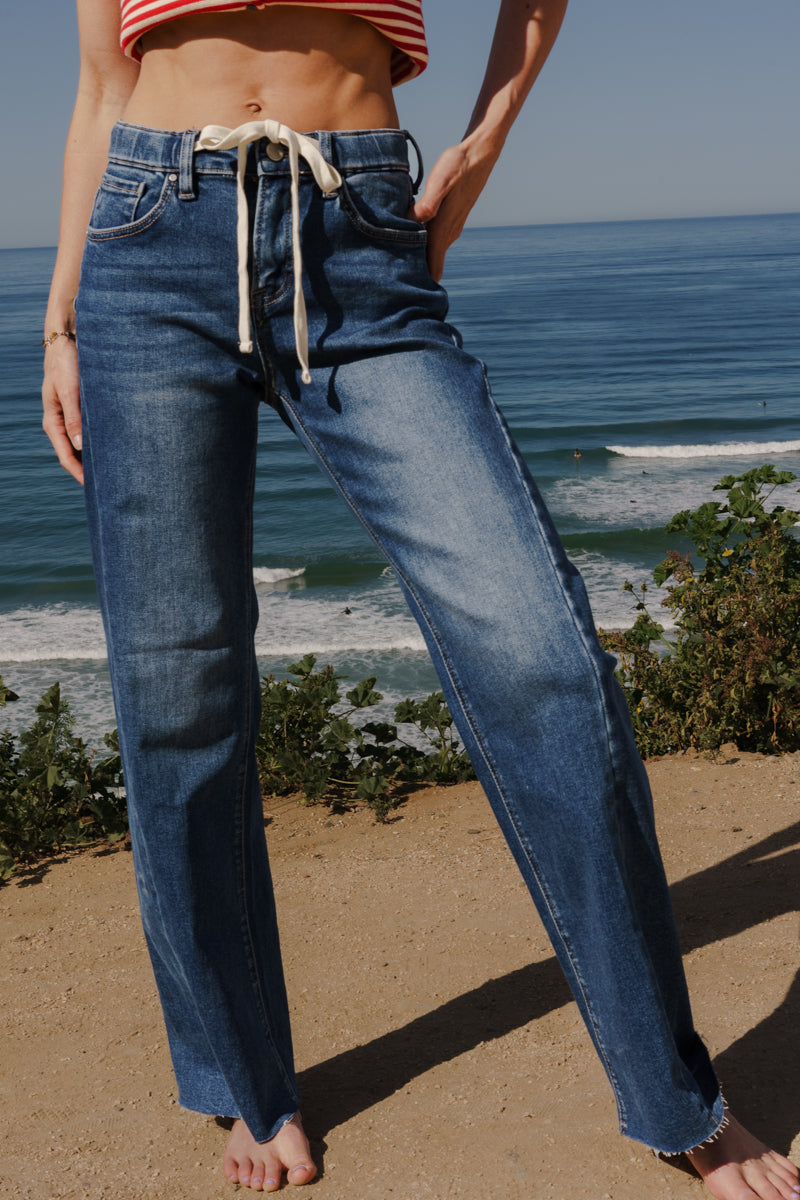 Sorella High Rise Drawstring Jeans Dark Wash