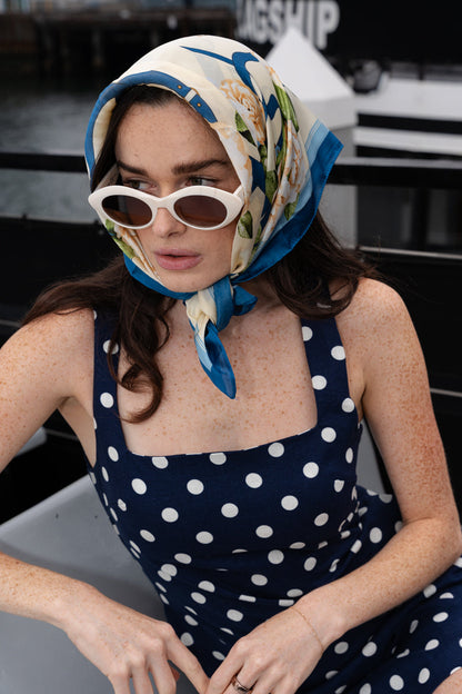 Jenna Sleeveless Polka Dot Print Linen Mini Dress Navy