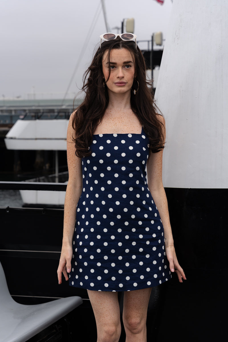 Jenna Sleeveless Polka Dot Print Linen Mini Dress Navy