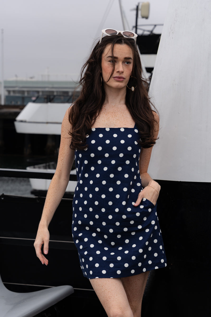 Jenna Sleeveless Polka Dot Print Linen Mini Dress Navy