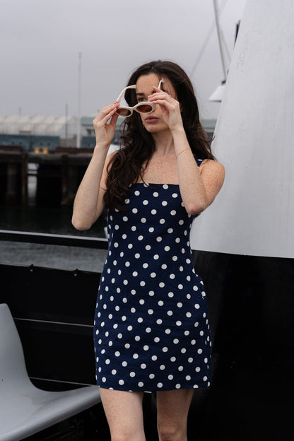 Jenna Sleeveless Polka Dot Print Linen Mini Dress Navy