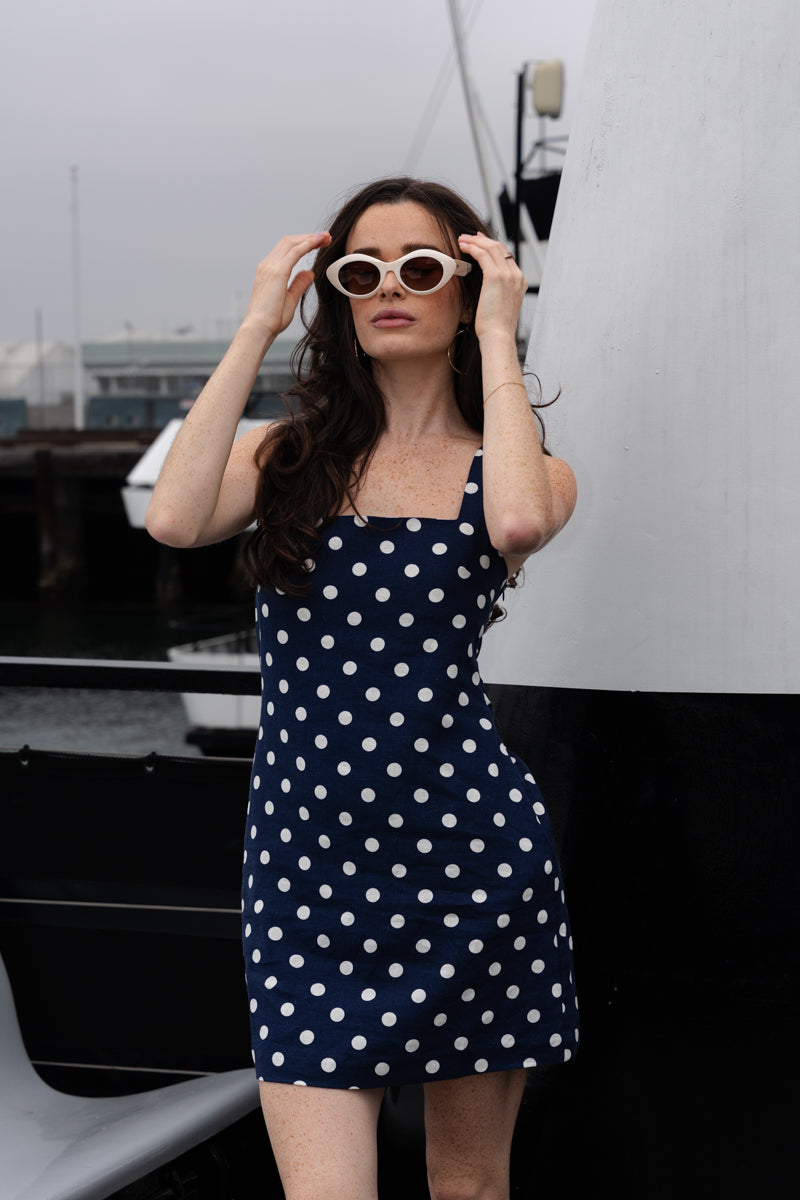 Jenna Sleeveless Polka Dot Print Linen Mini Dress Navy