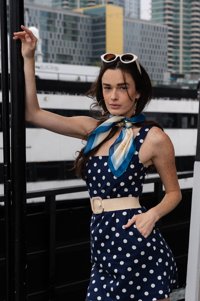 Jenna Sleeveless Polka Dot Print Linen Mini Dress Navy