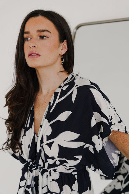 Bronte Short Sleeve Waist Tie Floral Print Wide Leg Jumpsuit Navy