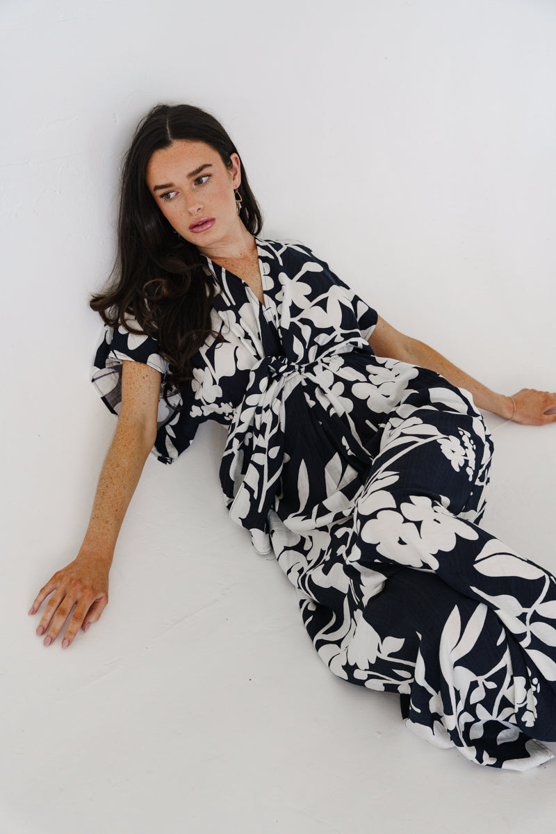 Bronte Short Sleeve Waist Tie Floral Print Wide Leg Jumpsuit Navy