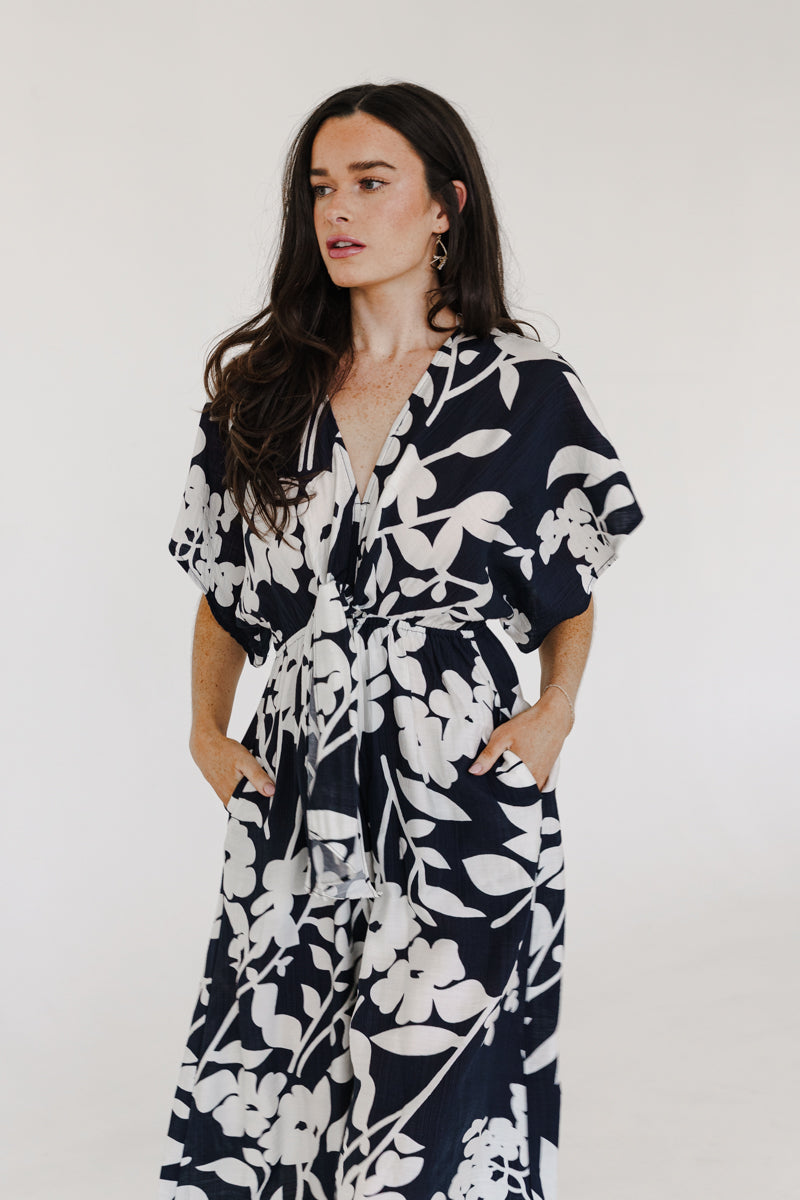 Bronte Short Sleeve Waist Tie Floral Print Wide Leg Jumpsuit Navy