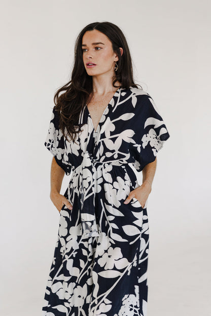 Bronte Short Sleeve Waist Tie Floral Print Wide Leg Jumpsuit Navy