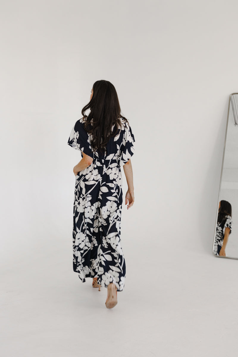 Bronte Short Sleeve Waist Tie Floral Print Wide Leg Jumpsuit Navy
