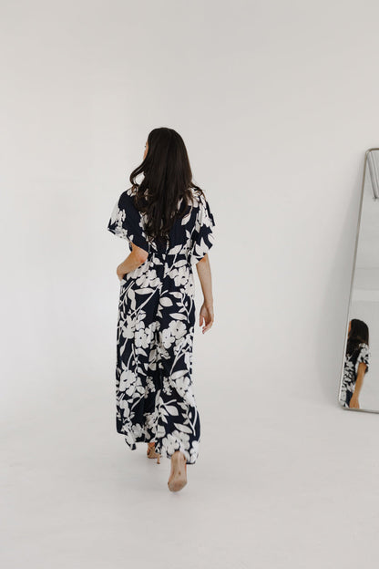 Bronte Short Sleeve Waist Tie Floral Print Wide Leg Jumpsuit Navy