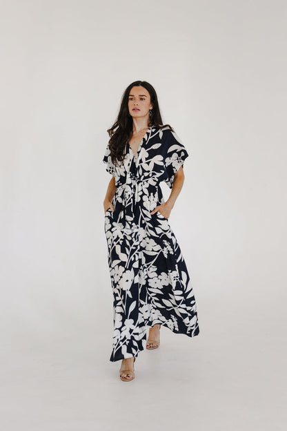 Bronte Short Sleeve Waist Tie Floral Print Wide Leg Jumpsuit Navy