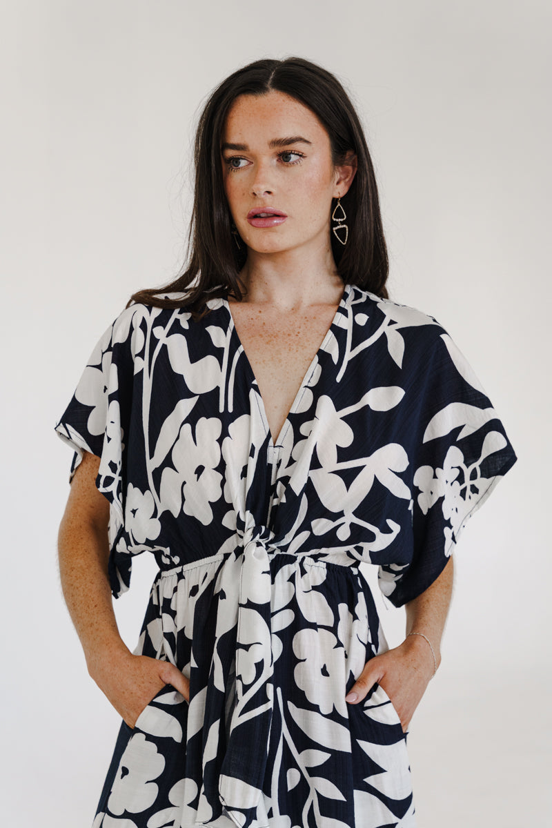 Bronte Short Sleeve Waist Tie Floral Print Wide Leg Jumpsuit Navy