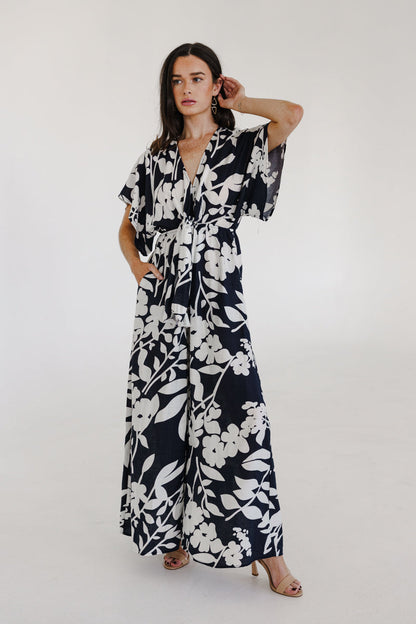 Bronte Short Sleeve Waist Tie Floral Print Wide Leg Jumpsuit Navy