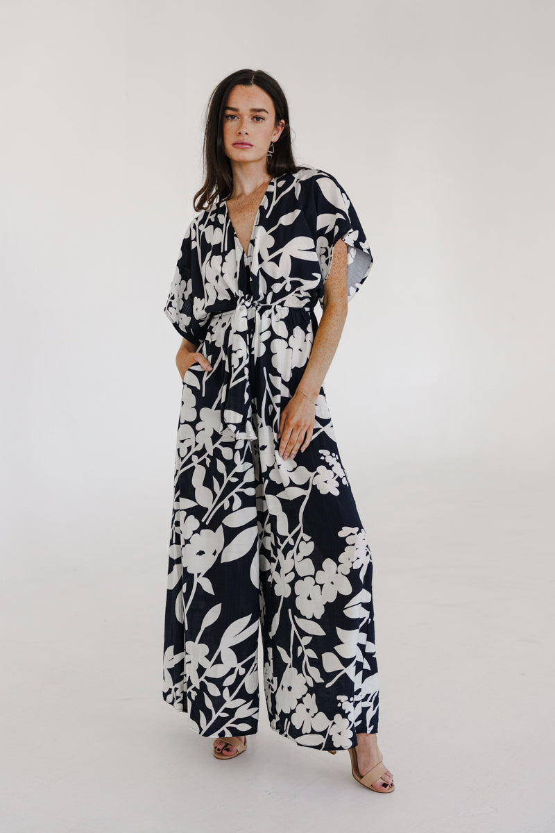 Bronte Short Sleeve Waist Tie Floral Print Wide Leg Jumpsuit Navy