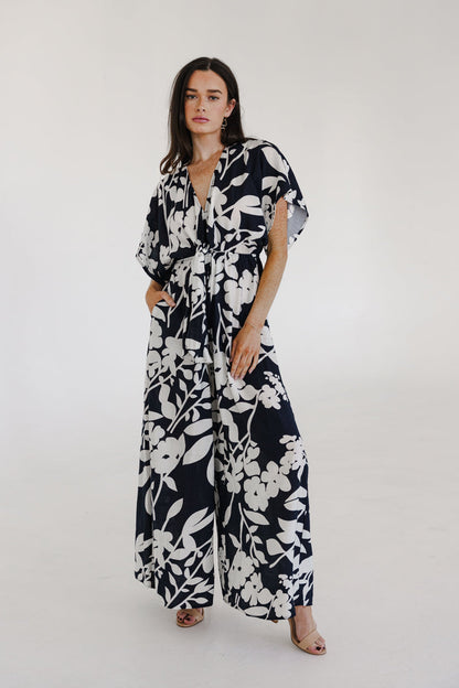 Bronte Short Sleeve Waist Tie Floral Print Wide Leg Jumpsuit Navy