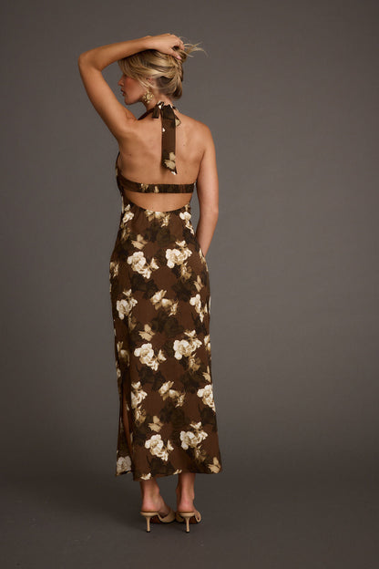 Audrina Brown Floral Halter Maxi Dress