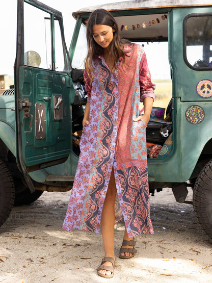 Drew Cotton Shirt Dress - Red Patchwork