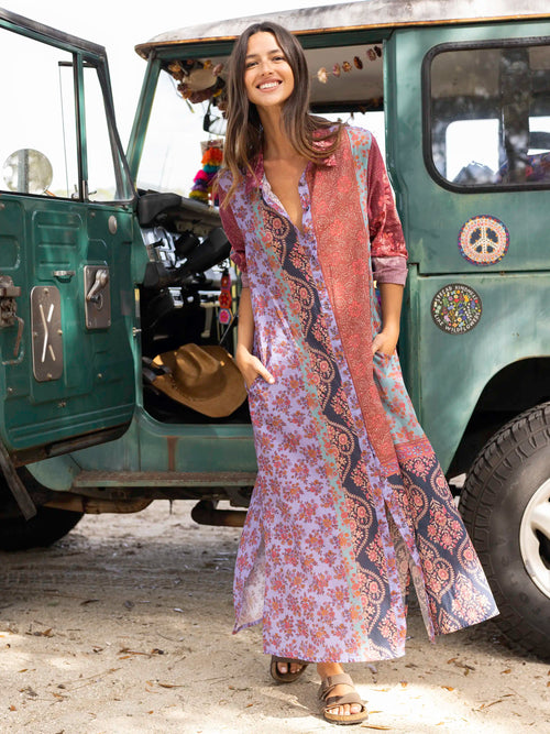 Drew Cotton Shirt Dress - Red Patchwork