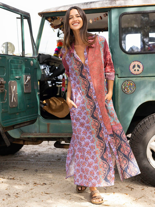 Drew Cotton Shirt Dress - Red Patchwork