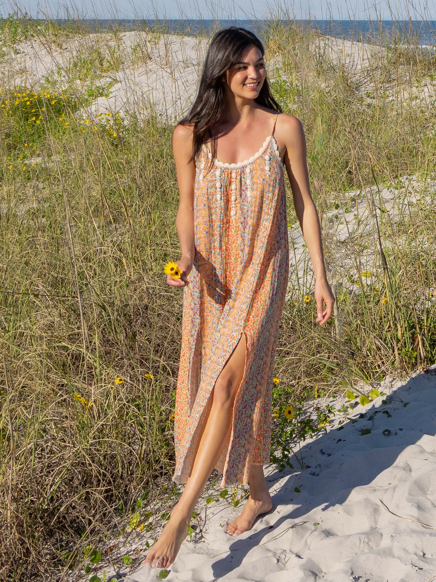 Cosette Embroidered Cotton Maxi Dress - Turquoise Orange Stripes