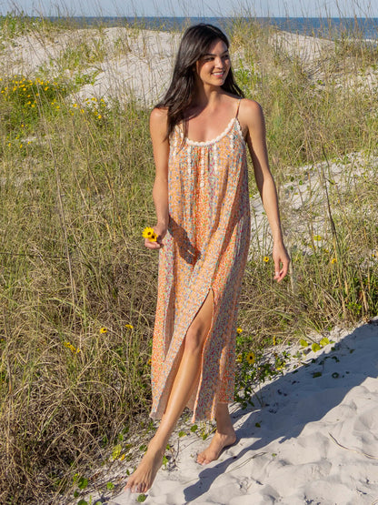Cosette Embroidered Cotton Maxi Dress - Turquoise Orange Stripes