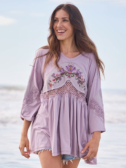 Secret Garden Embroidered Cotton Tunic - Lavender