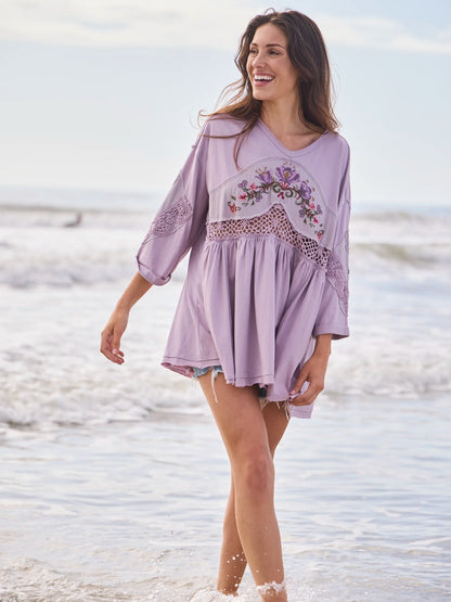 Secret Garden Embroidered Cotton Tunic - Lavender