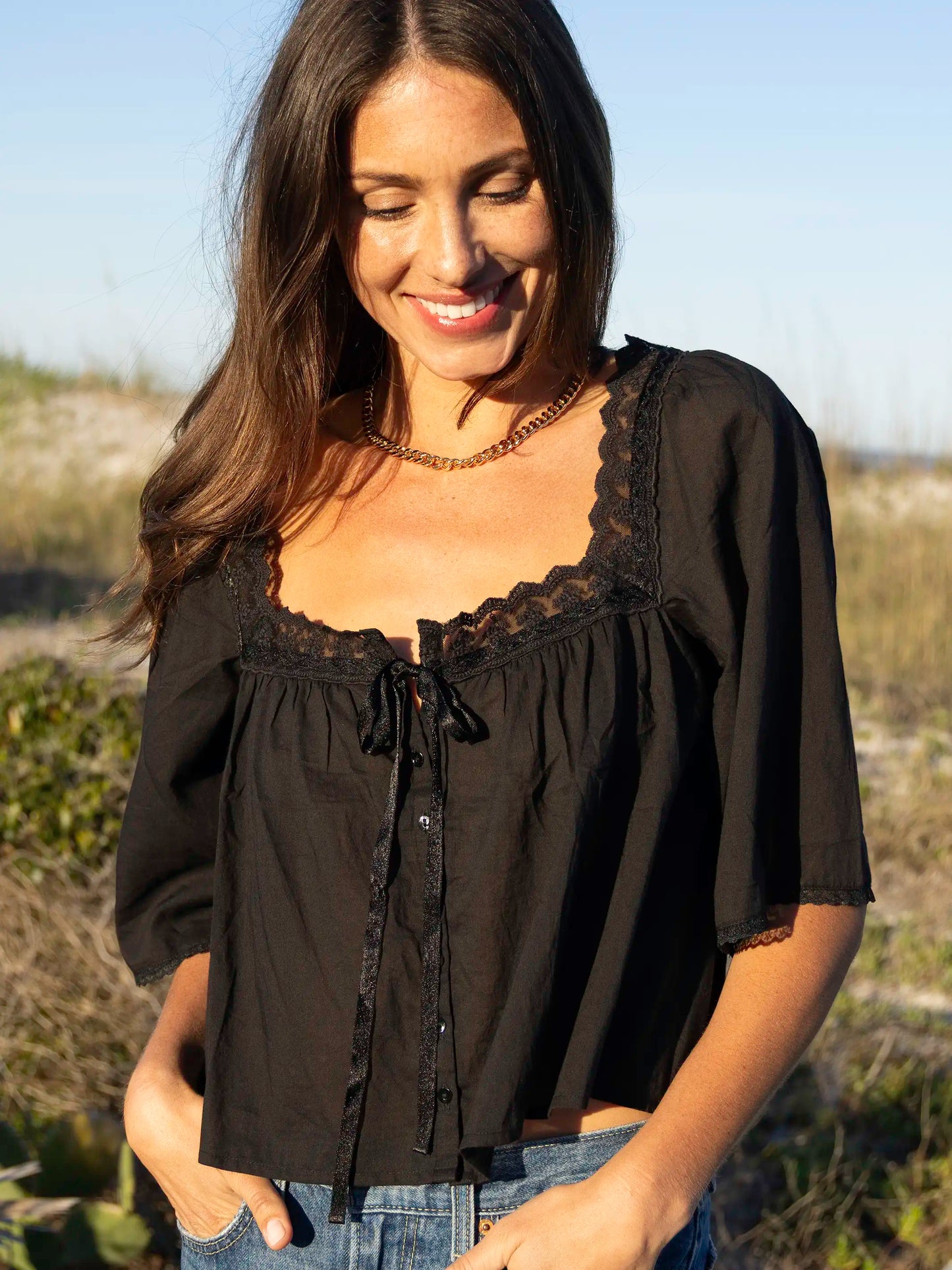Prettiest Cotton Lace Blouse - Black